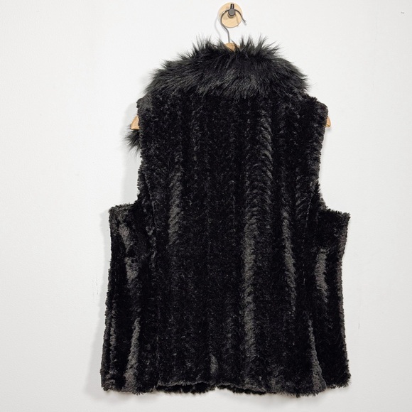 New Marc New York Black Faux Fur Vest Gold Zip Pockets Plush Collar Jacket Sz XL - Picture 5 of 11